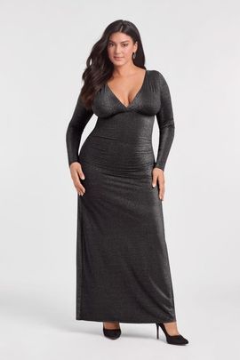 S3 Apparel S3 Apparel Sculpting Shapewear Shirred V-Neck Long Sleeve Metallic Maxi Dress
