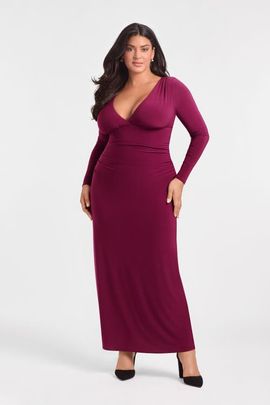 S3 Apparel S3 Apparel Sculpting Shapewear Shirred V-Neck Long Sleeve Solid Maxi Dress