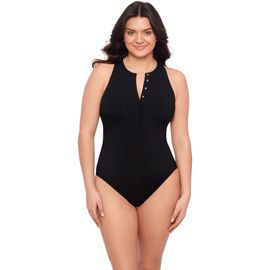 S3 Apparel S3 Apparel Smoothing and Sculpting Ribbed High-Neck Snap-Front One-Piece Swimsuit