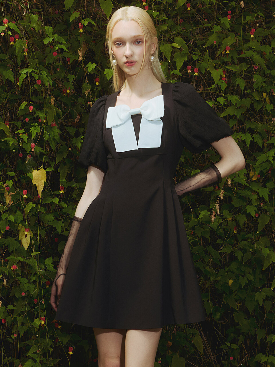 S BLANC Canna Ribbon Point A-line Mini Dress _Black