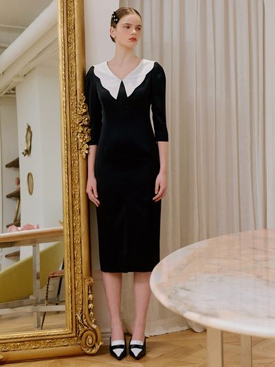 S BLANC Chloe / Wave Collar Detail H-line Dress _2 Colors