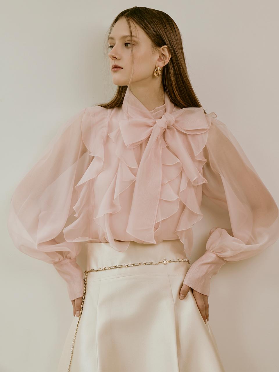 S BLANC Claire / Sheer Ruffle Tie Tunic Blouse (2 Colors)