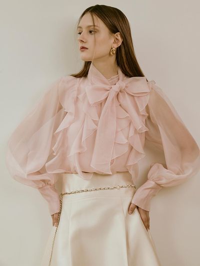 S BLANC Claire / Sheer Ruffle Tie Tunic Blouse (2 Colors)