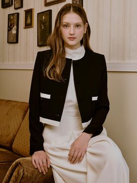 S BLANC Contrast Trim Round Neck Single Button Blazer