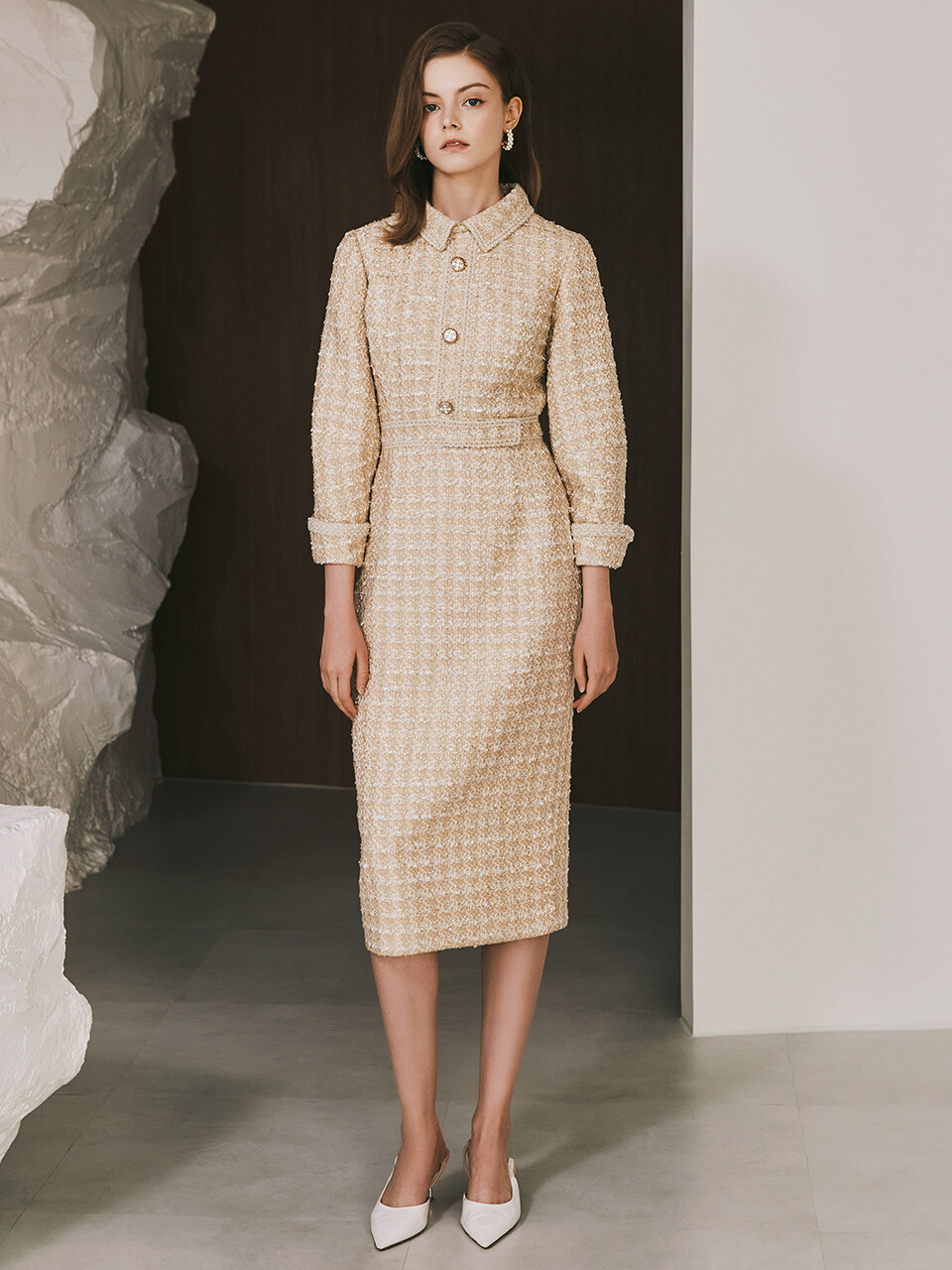 S BLANC Everly Volume Sleeve metallic Tweed Dress (Gold)