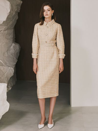 S BLANC Everly Volume Sleeve metallic Tweed Dress (Gold)