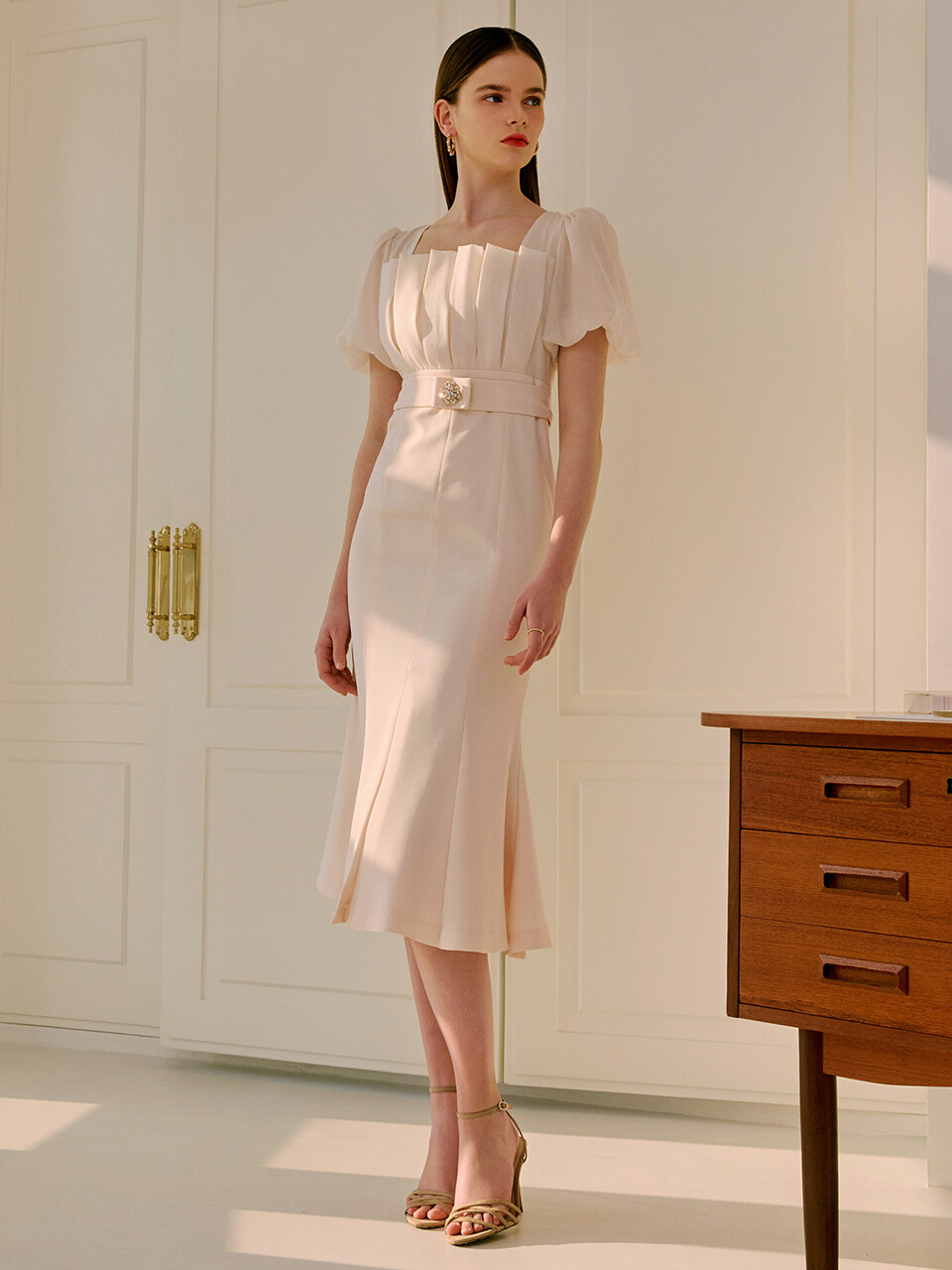 S BLANC Freesia Pleated Detail Puff Sleeve Dress _2 Colors
