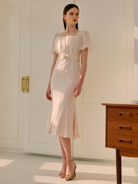 S BLANC Freesia Pleated Detail Puff Sleeve Dress _2 Colors