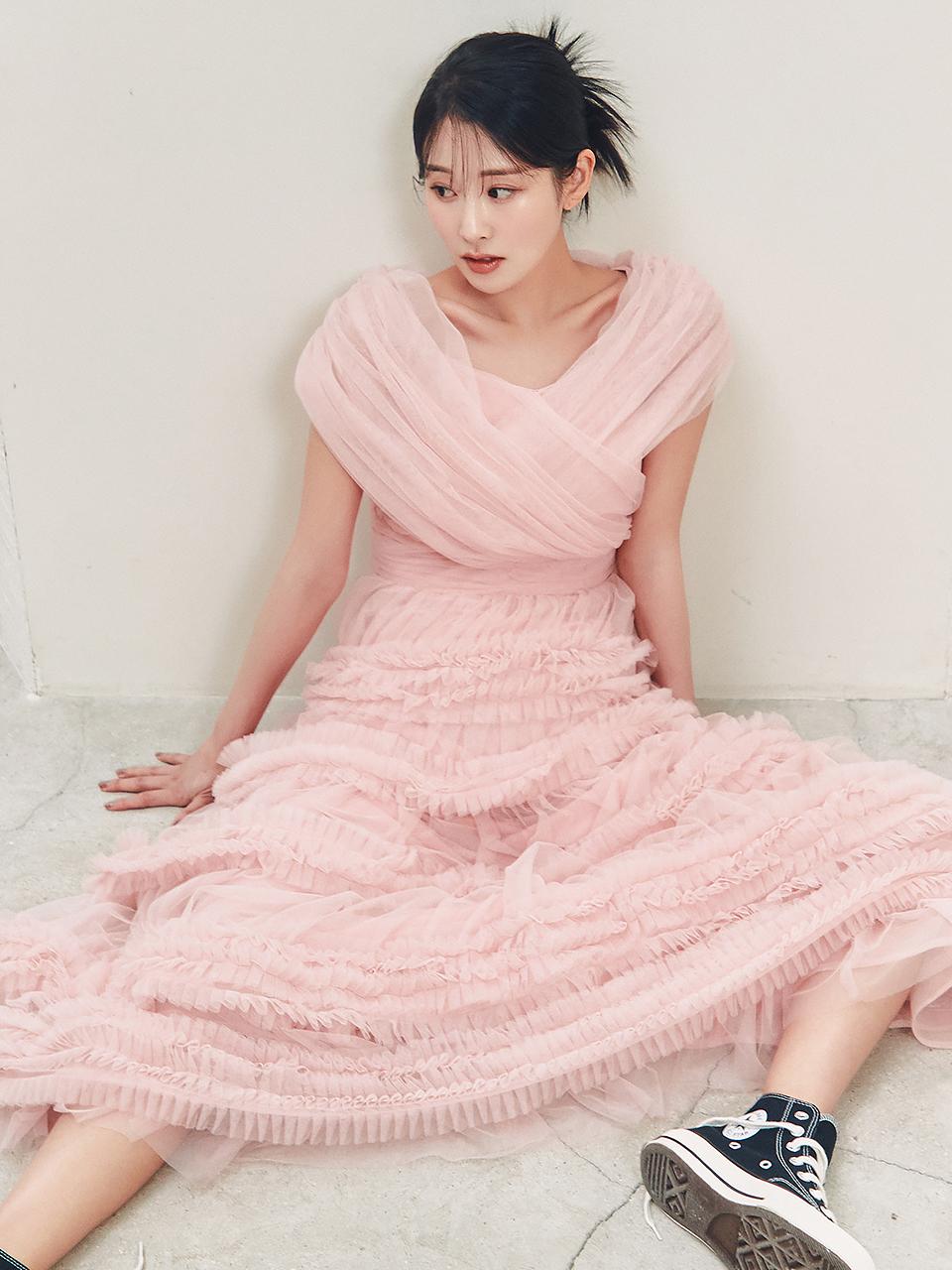 S BLANC Lylo / Mesh Tuck Pleat Maxi Dress(2color)