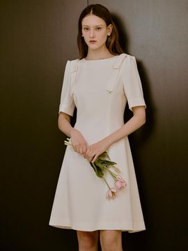 S BLANC Shoulder Ribbon Pearl Half-Sleeve A-Line Dress