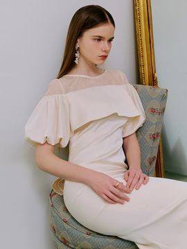 S BLANC Shu Puff Sleeve H-line Dress _Light Beige