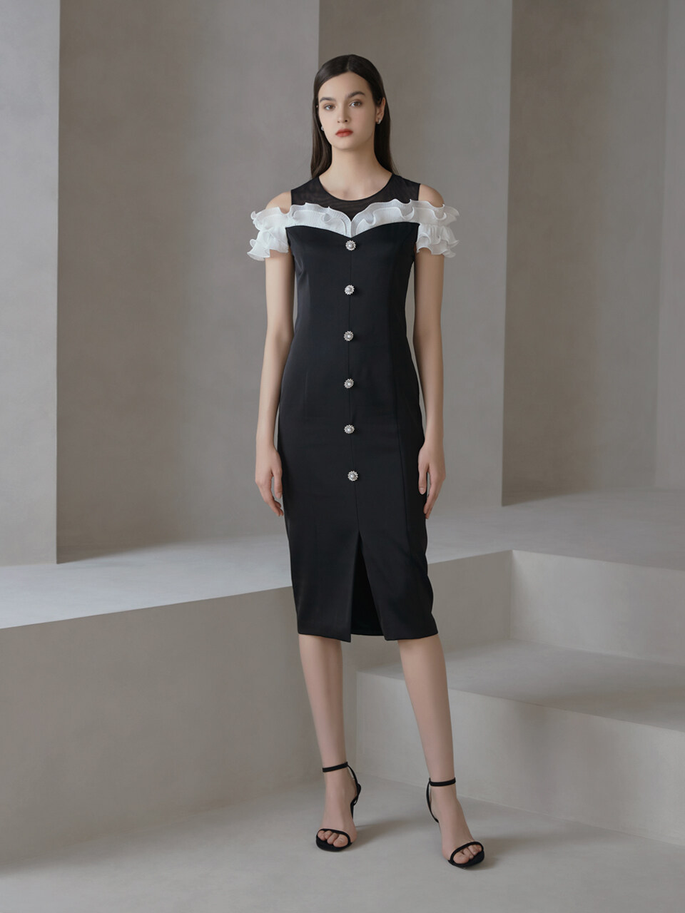 S BLANC TANYA Off-shoulder Ruffle H-Line Dress (Black)