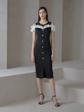 S BLANC TANYA Off-shoulder Ruffle H-Line Dress (Black)