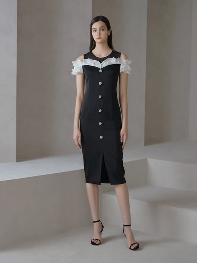 S BLANC TANYA Off-shoulder Ruffle H-Line Dress (Black)