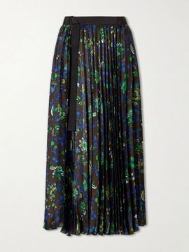 SACAI Belted grosgrain-trimmed pleated floral-print georgette midi skirt