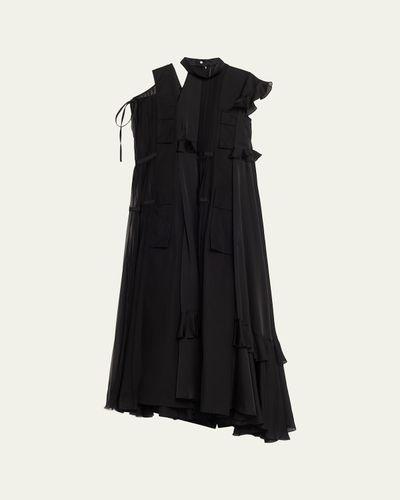 SACAI Mixed-Media Tiered Cap-Sleeve Maxi Dress