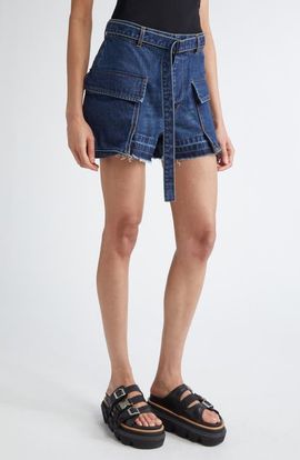 Sacai Sacai Belted Frayed Release Hem Cargo Denim Shorts