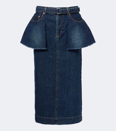 Sacai Sacai Belted peplum denim midi skirt