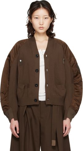 sacai sacai Brown Nylon Twill & Knit Cardigan