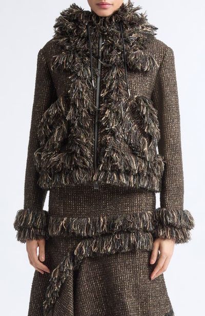 Sacai Sacai Fringe Wool Blend Tweed Hooded Jacket