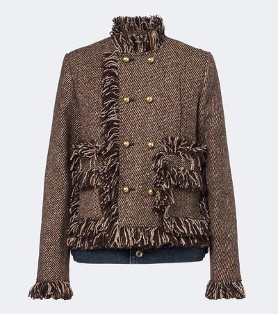 Sacai Sacai Fringed tweed and denim jacket