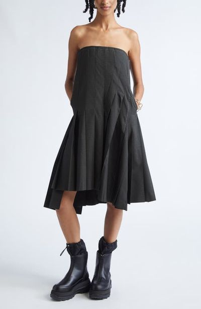 Sacai Sacai Glen Plaid Mixed Media Strapless Dress