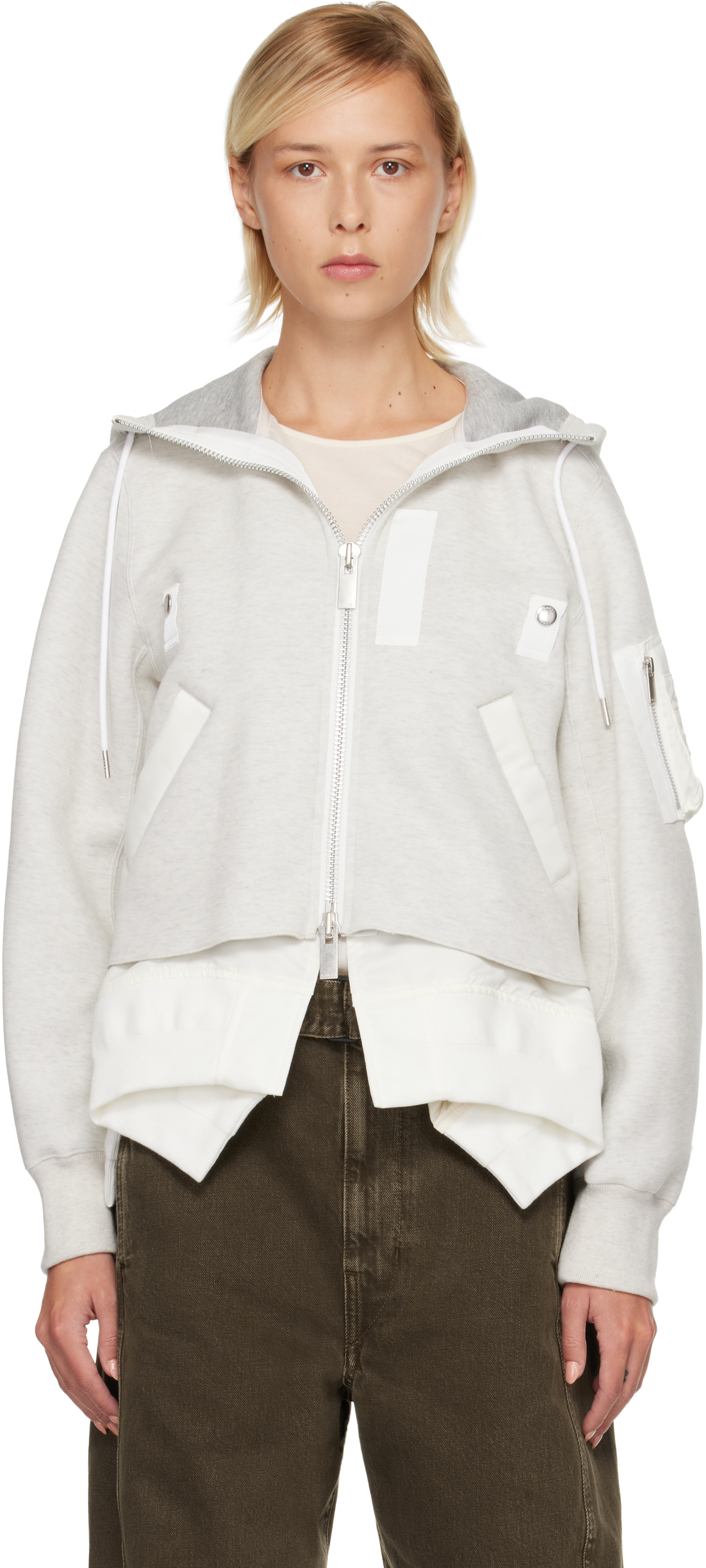 sacai - Gray & White Sponge Sweat & Nylon Twill Hoodie
