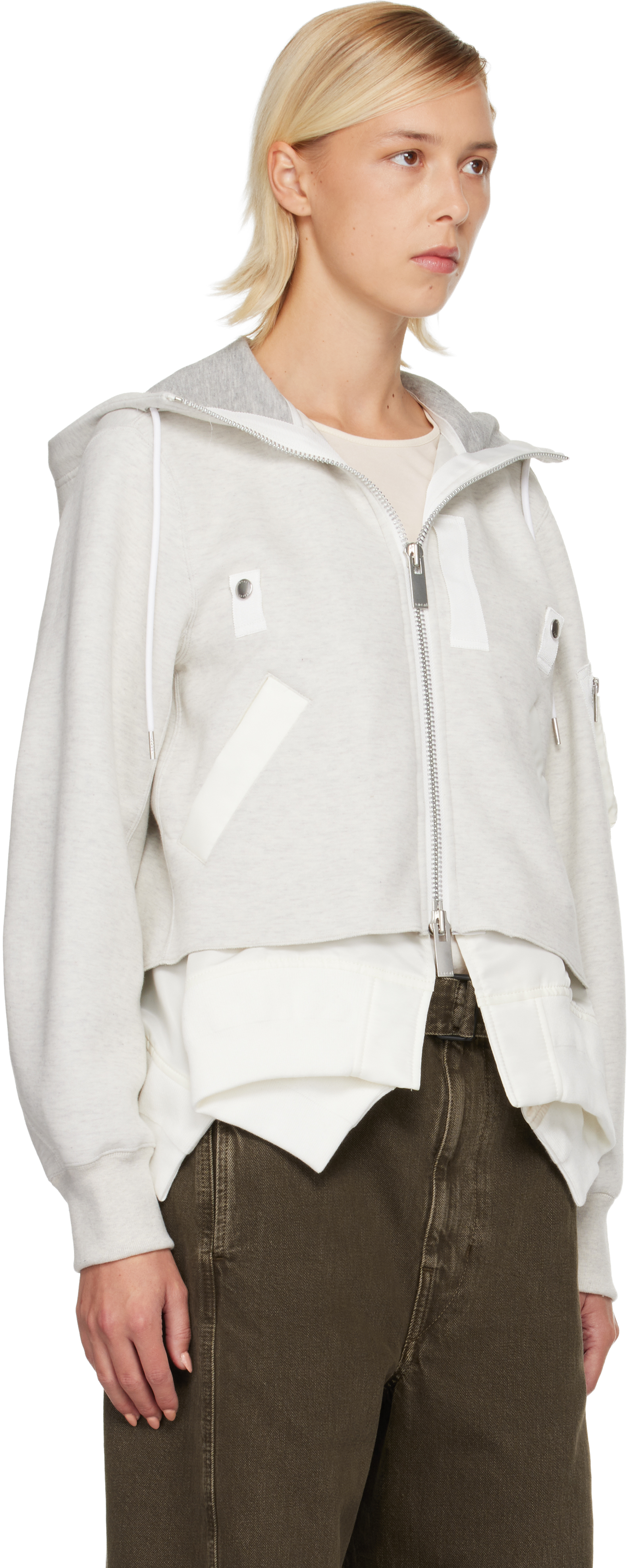 sacai - Gray & White Sponge Sweat & Nylon Twill Hoodie