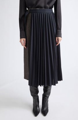 Sacai Sacai Herringbone & Pleated Midi Skirt