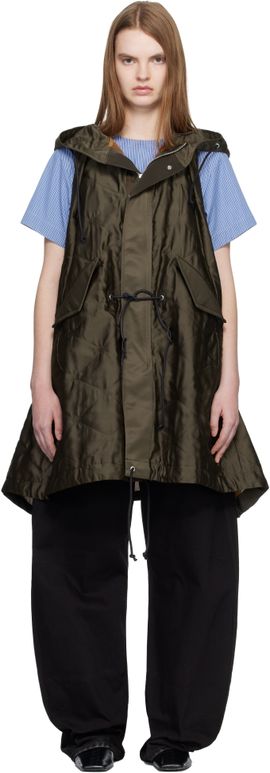 sacai sacai Khaki Quilted Satin Hooded Vest