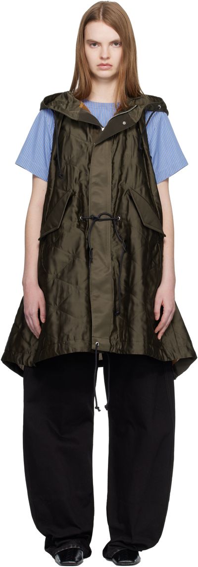 sacai sacai Khaki Quilted Satin Hooded Vest