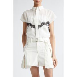 Sacai Sacai Lace Trim Cap Sleeve Organza Button-Up Shirt