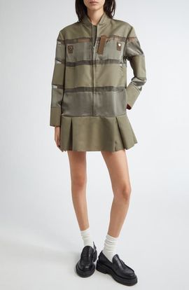 Sacai Sacai Long Sleeve Colorblock Stripe Mixed Media Bomber Dress