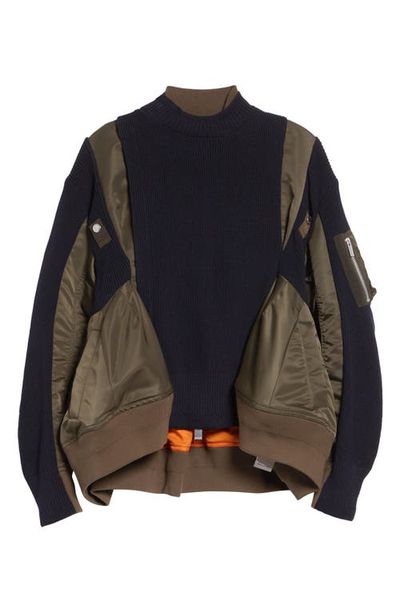Sacai Sacai Mixed Media Bomber Jacket with Sweater Bib Overlay