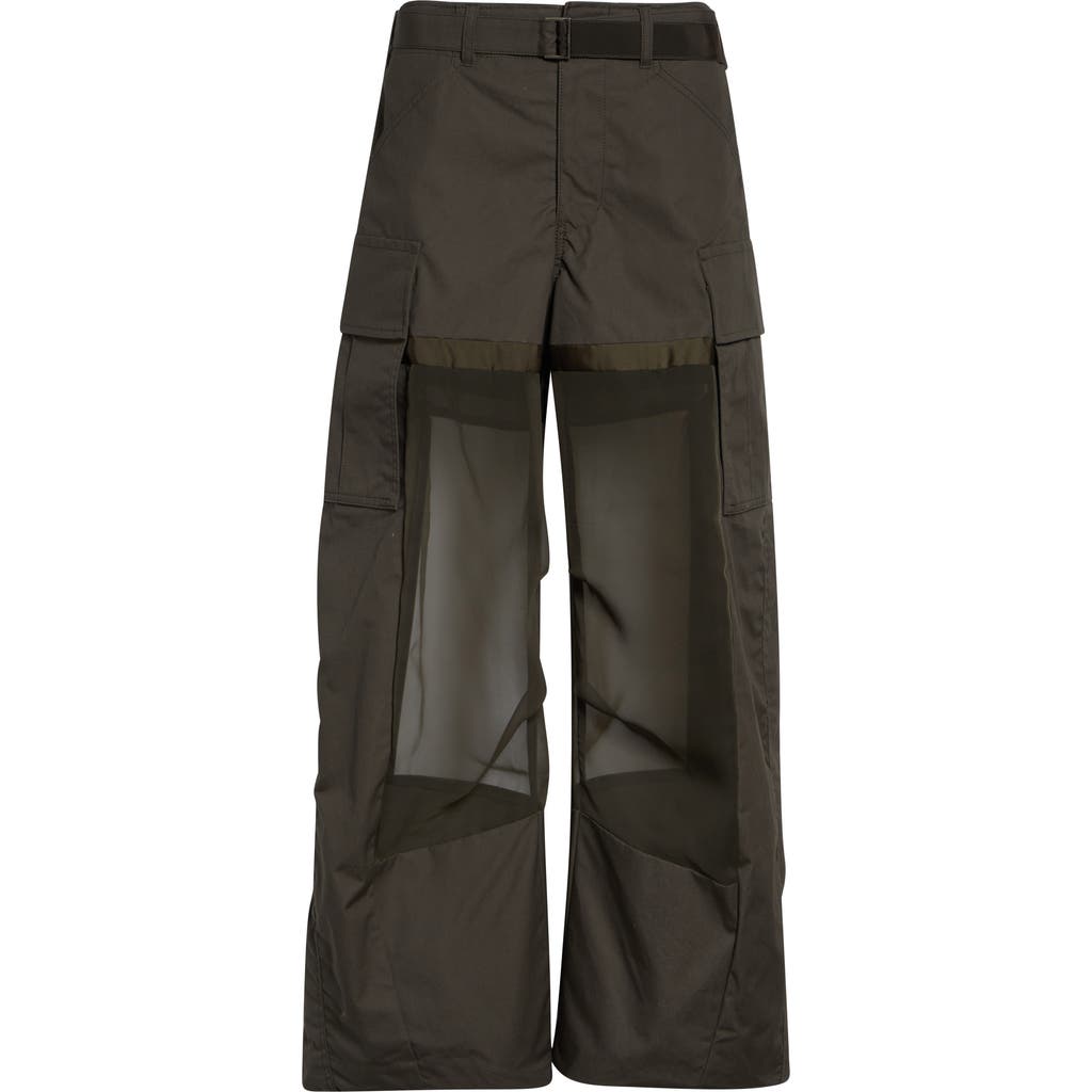 Sacai Sacai Mixed Media Coated Cotton & Chiffon Wide Leg Cargo Pants