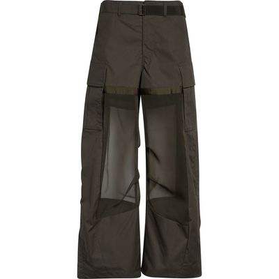 Sacai Sacai Mixed Media Coated Cotton & Chiffon Wide Leg Cargo Pants