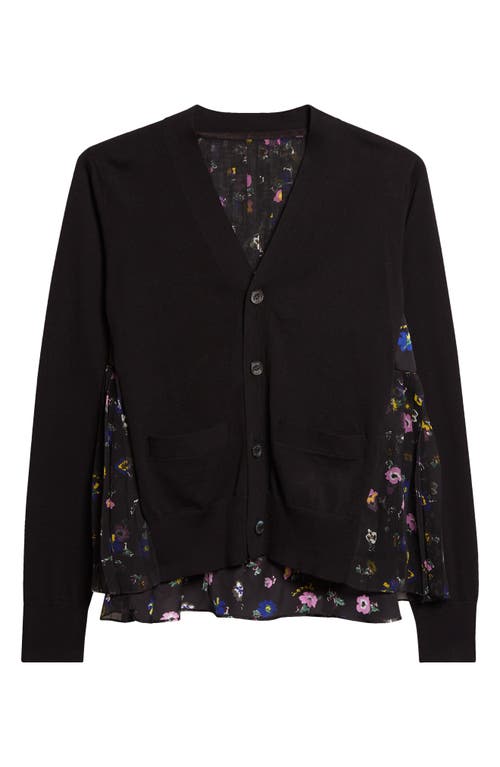 Sacai Sacai Mixed Media Pleated Floral Chiffon & Knit Cardigan