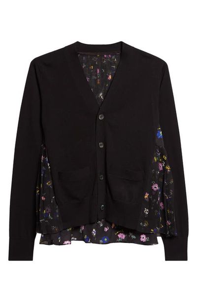 Sacai Sacai Mixed Media Pleated Floral Chiffon & Knit Cardigan