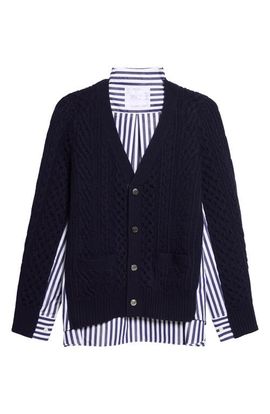 Sacai Sacai Mixed Media Wool Cable & Poplin Shirt Cardigan