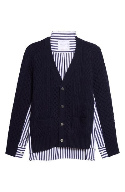 Sacai Sacai Mixed Media Wool Cable & Poplin Shirt Cardigan
