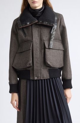 Sacai Sacai Mixed Media Wool Herringbone & Nylon Down Puffer Jacket
