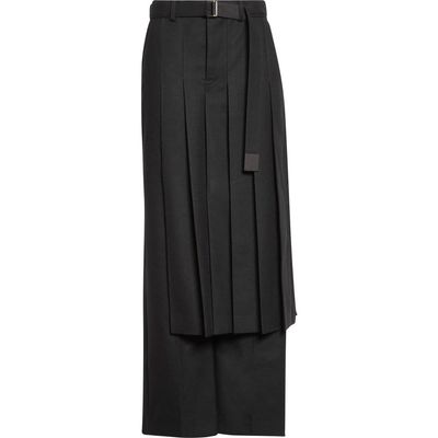 Sacai Sacai Pleated Overlay Wool Flannel Wide Leg Pants