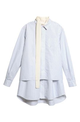Sacai Sacai Stripe Layered Long Sleeve Poplin Dress with Satin Tie