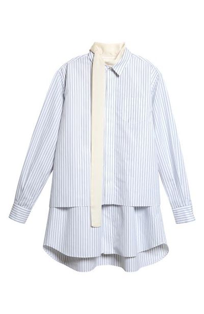 Sacai Sacai Stripe Layered Long Sleeve Poplin Dress with Satin Tie