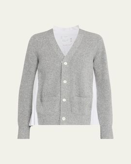 SACAI Wool Knit And Cotton Poplin V-Neck Cardigan