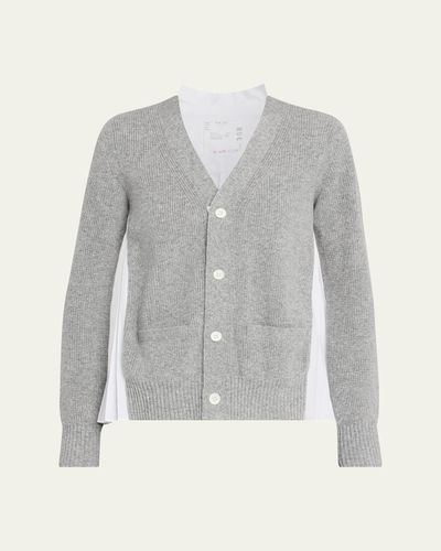 SACAI Wool Knit And Cotton Poplin V-Neck Cardigan