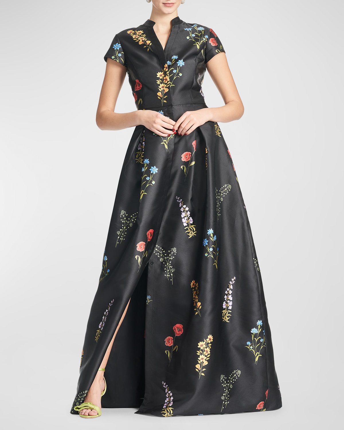 SACHIN & BABI Marta Pleated Floral-Print A-Line Gown