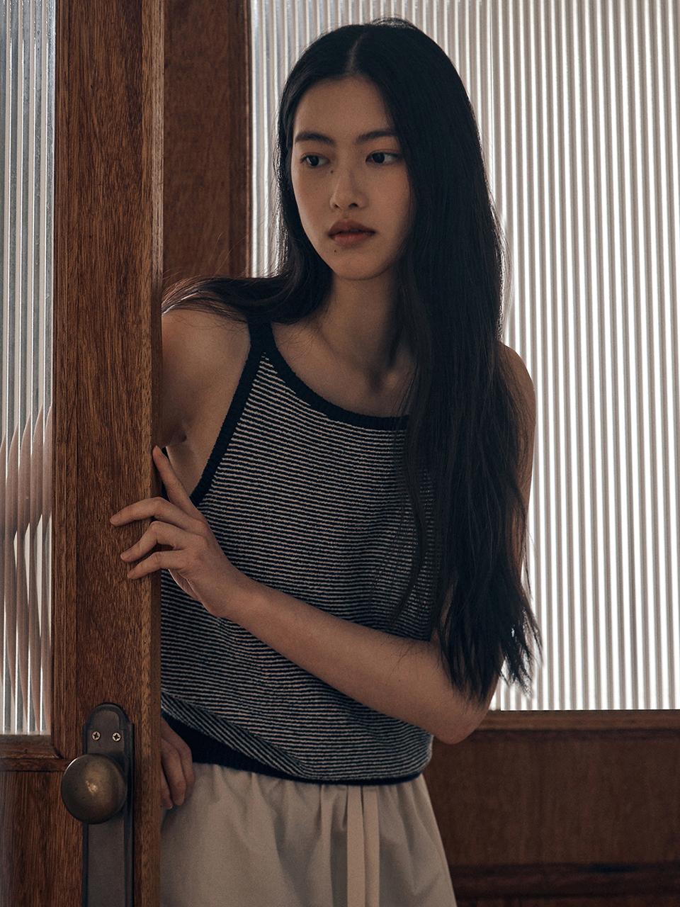 SAGEMENT BONO BOUCLE STRIPE KNIT SLEEVELESS TANK [NAVY]