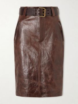 SAINT LAURENT Belted leather midi skirt