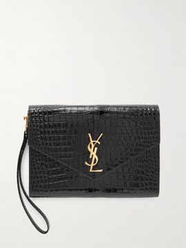 SAINT LAURENT Cassandre glossed croc-effect leather pouch